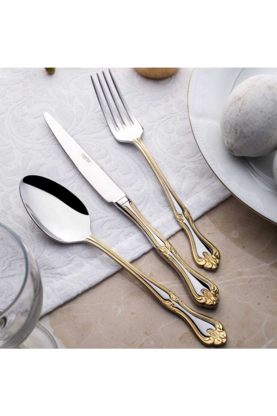 Nehir lalezar altin Plain 60 Piece Fork Spoon Set - MALLTURK