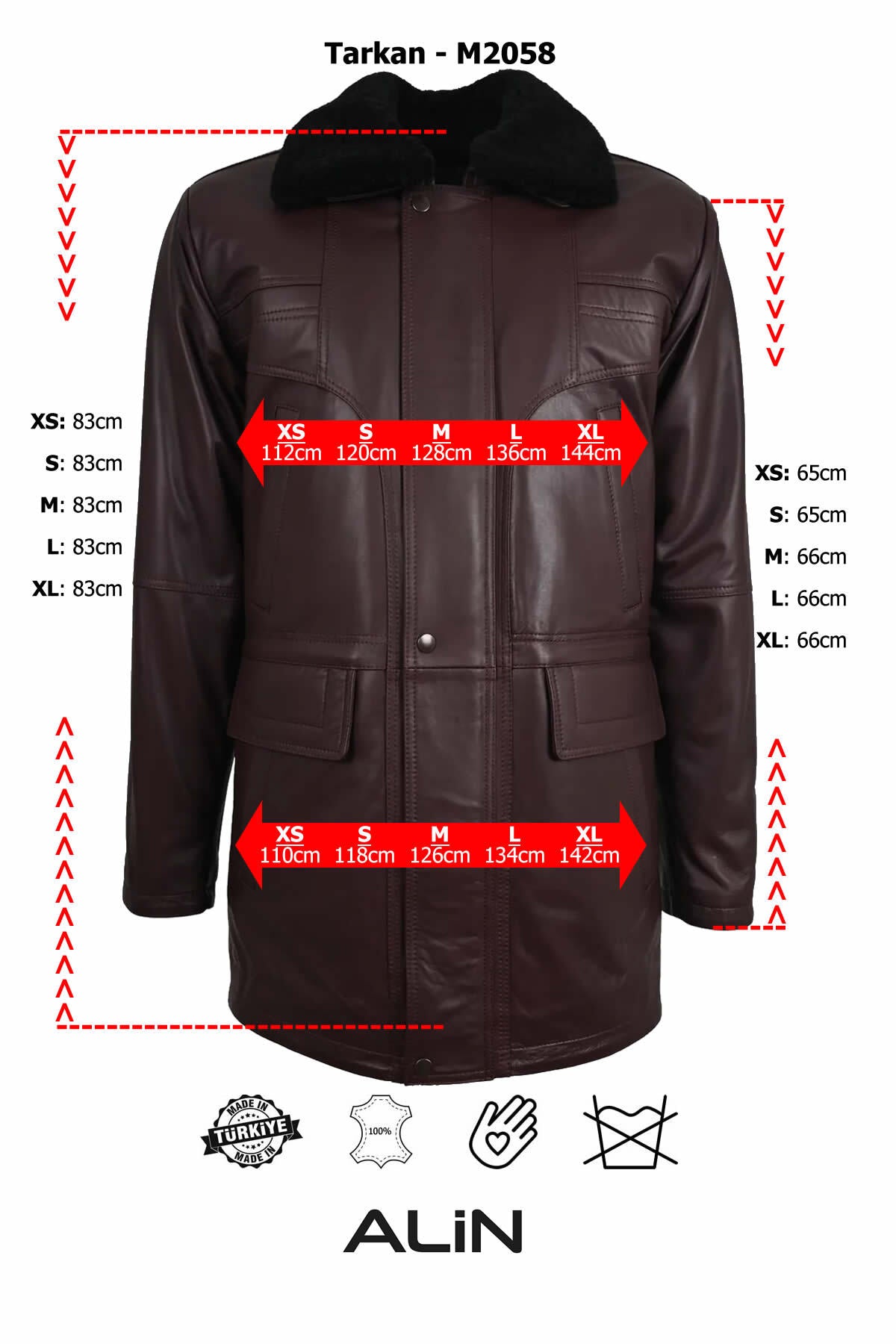 ALIN Tarkan Men's Genuine Leather Fur Collar Winter Leather Coat Burgundy - MALLTURK