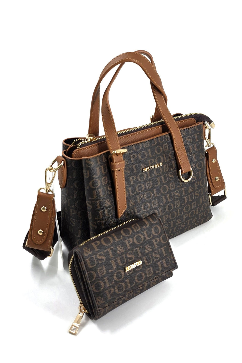 Just Polo Original Women's 3-Compartment Handbag and Shoulder Bag and Wallet Set Brown