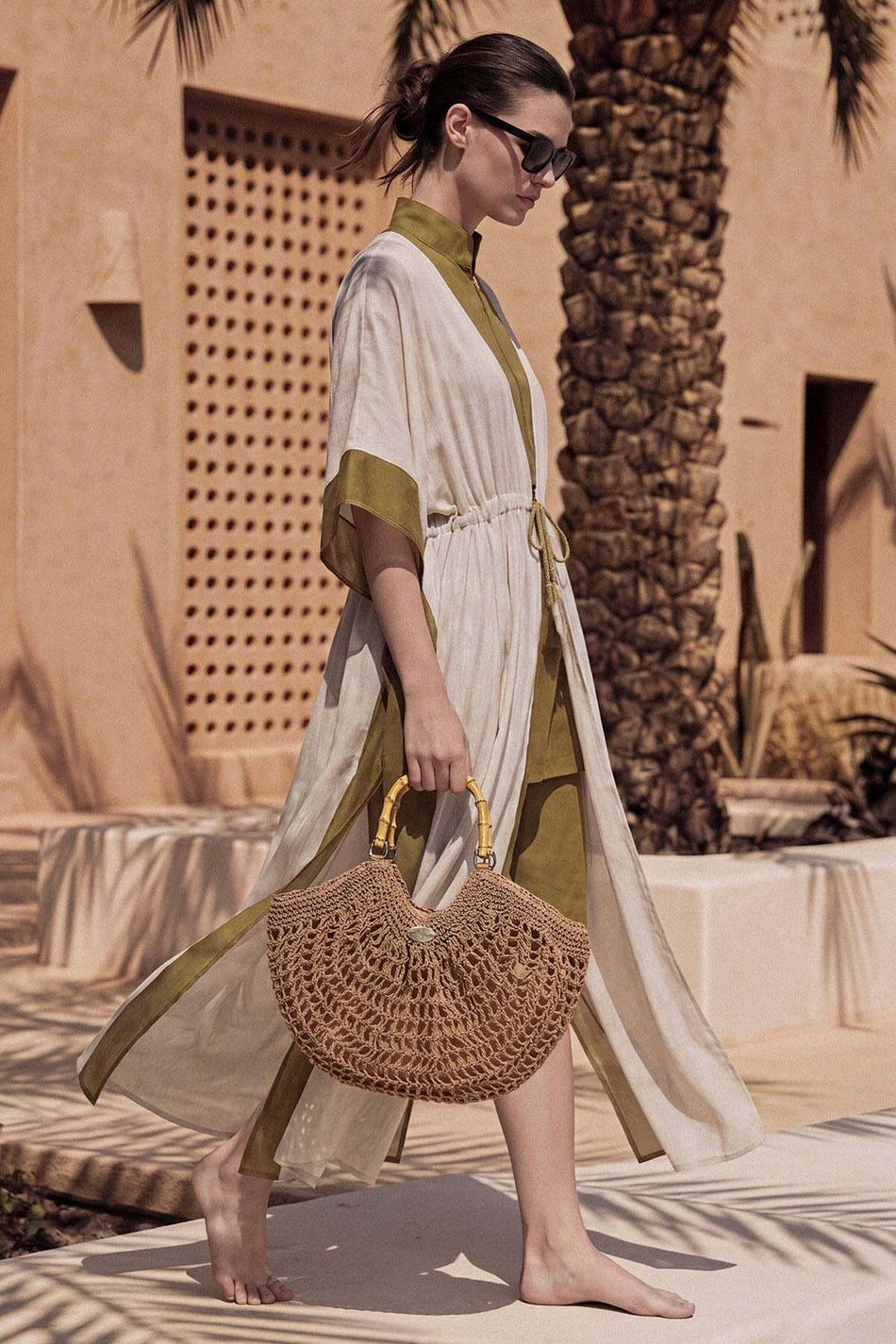 Cream Color Long Pareo with Detailed Palm Tree Pattern and Swimsuit Tie 1016