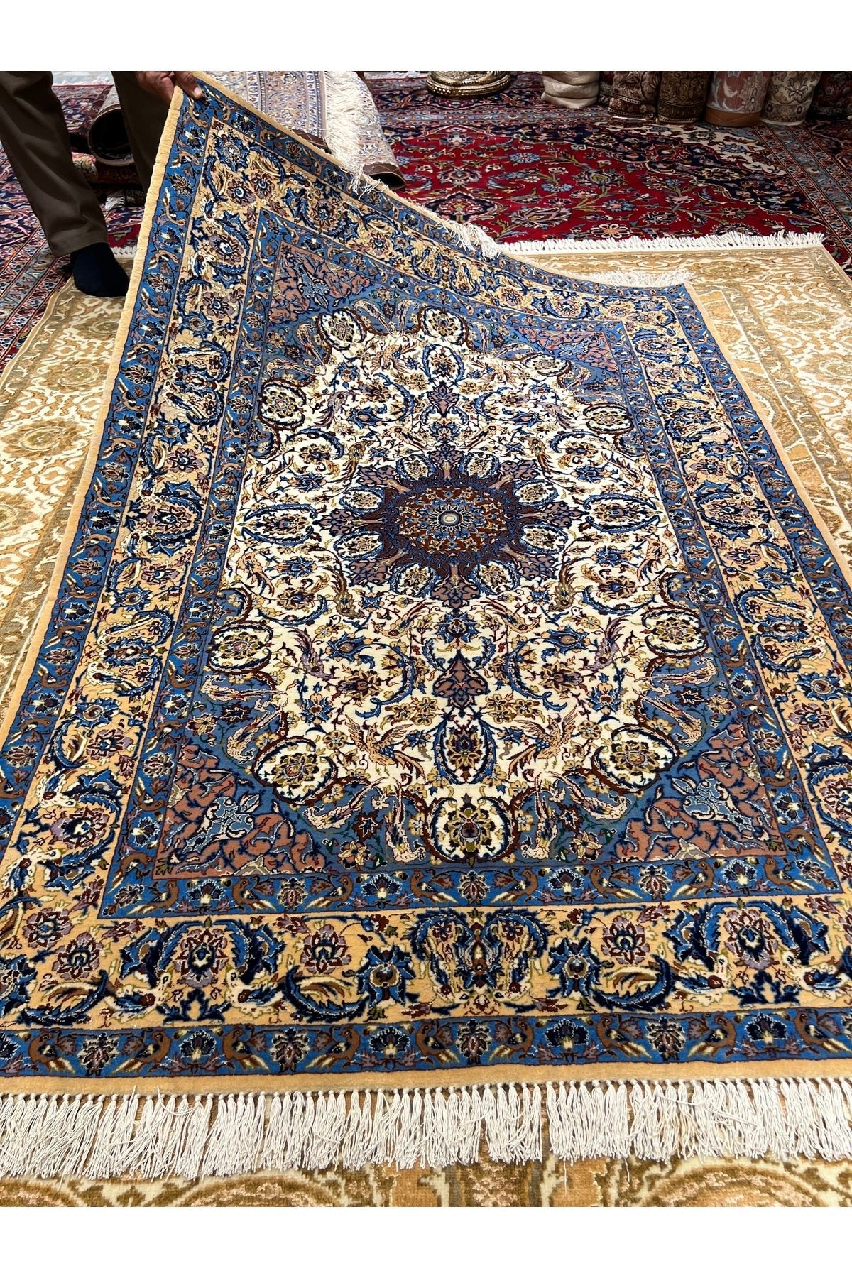 RD RAMAZAN DAG Hand Rug Art Hand-Woven Iranian Silk Blend Isfahan Rug Quality Exceptional Size 160x110 - MALLTURK