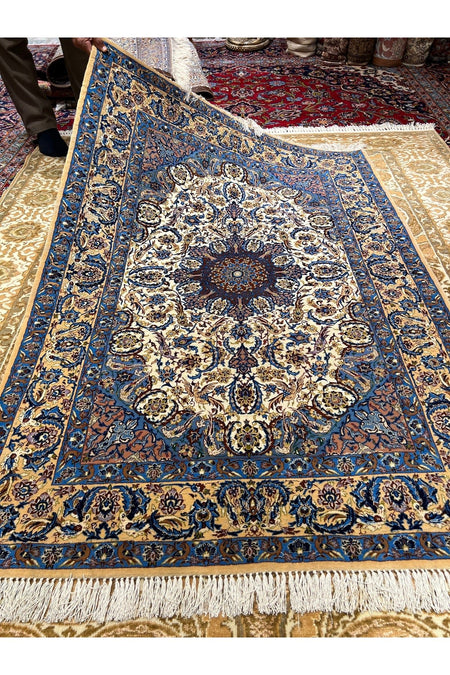 RD RAMAZAN DAG Hand Rug Art Hand-Woven Iranian Silk Blend Isfahan Rug Quality Exceptional Size 160x110 - MALLTURK