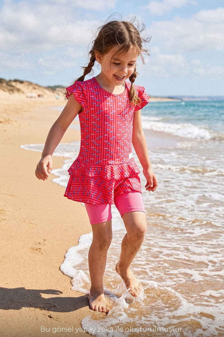 Hasema Fuchsia 3-Piece Girls' Swimsuit Set with Ruffled Shoulders 7000