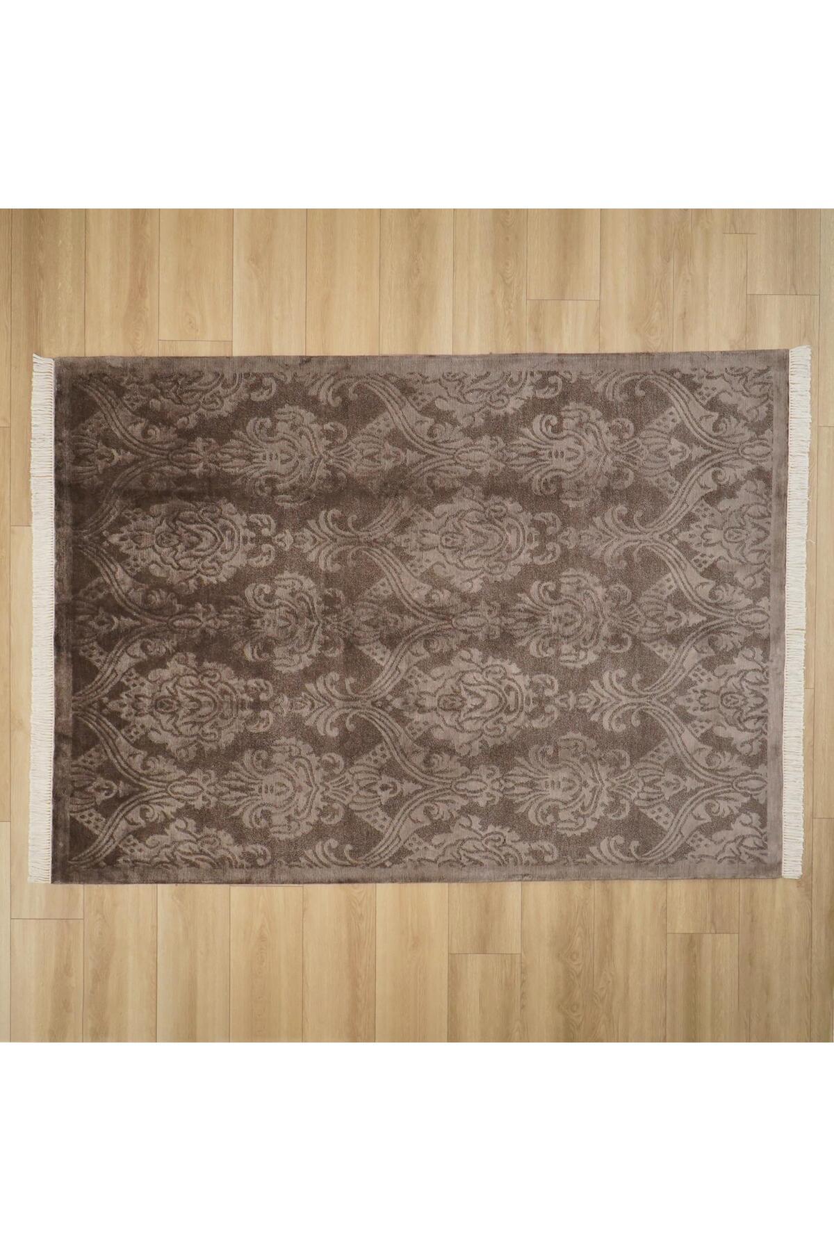 Halicizade Hand-Woven Damask Pattern Brown Bambu Rug