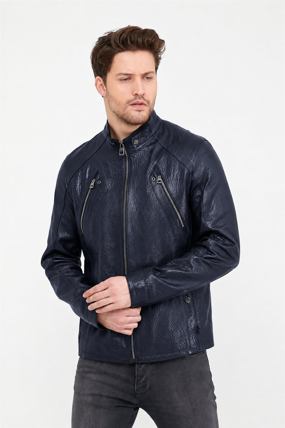 Chaqueta de cuero estilo racer azul marino Leather Club