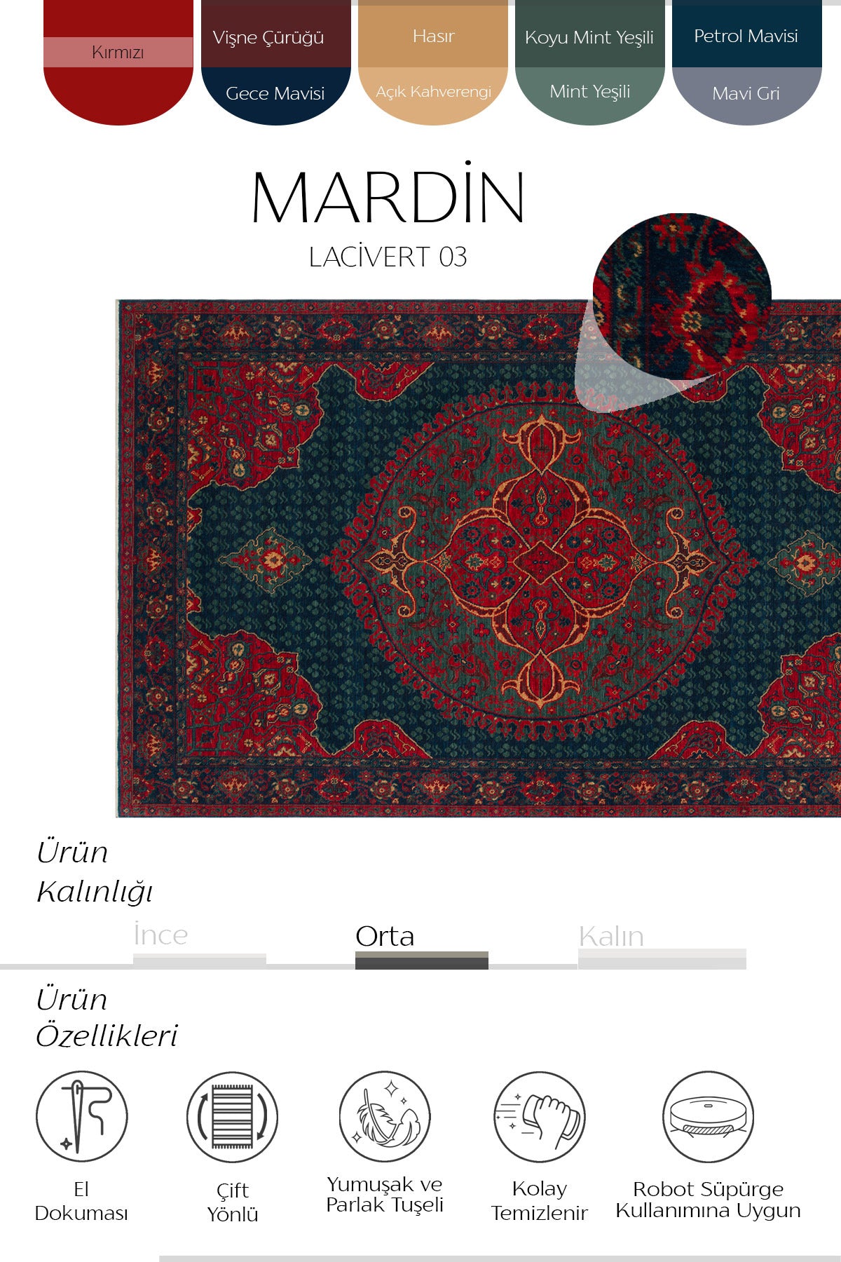 Cool Rug Mardin Navy Red Cok Multicolor Classic 4 Mevsim New Zealand Wool Soft Hand-Woven Living Room Rug