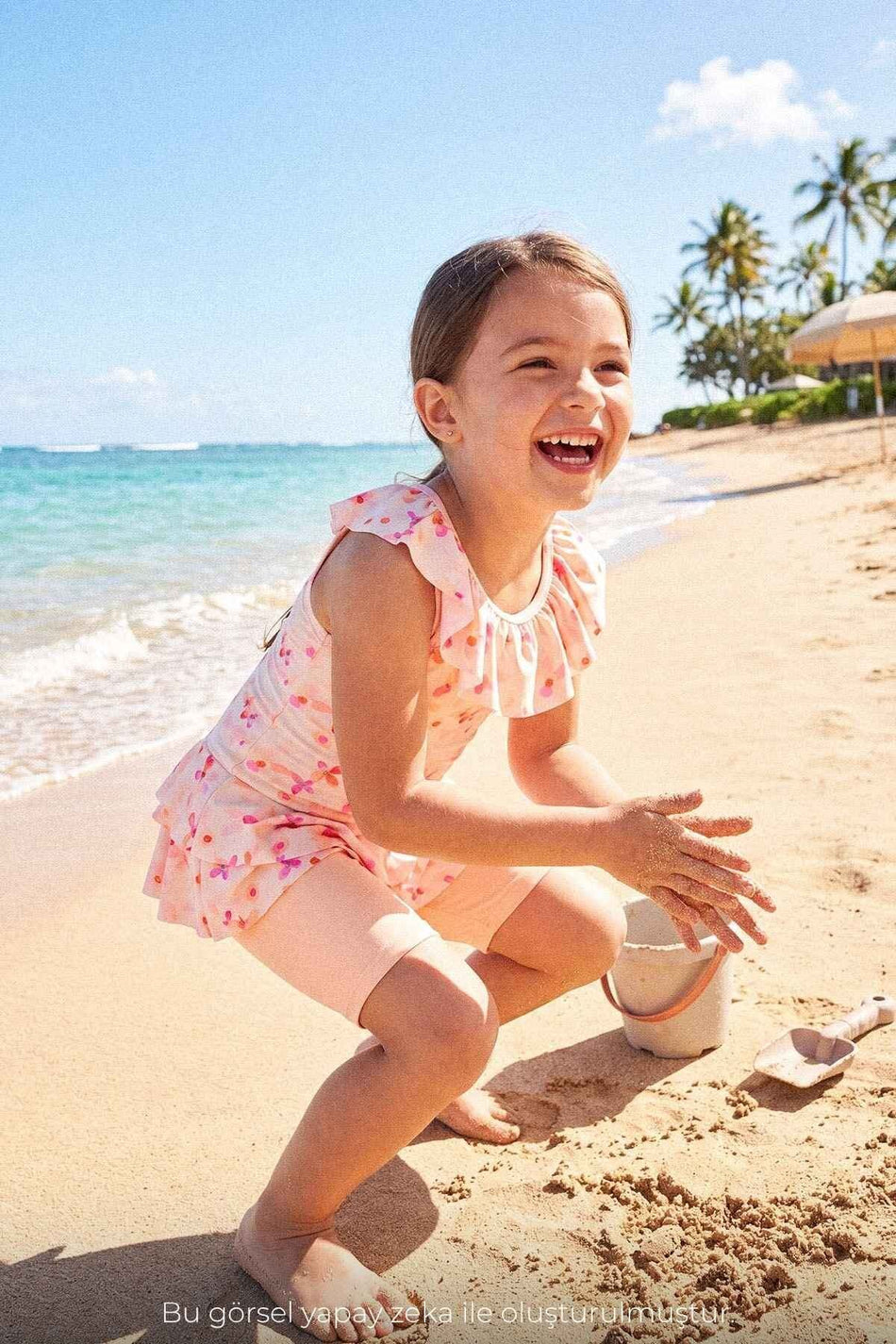 Hasema Floral Patterned Beige 3-Piece Girls' Swimsuit Set 7002