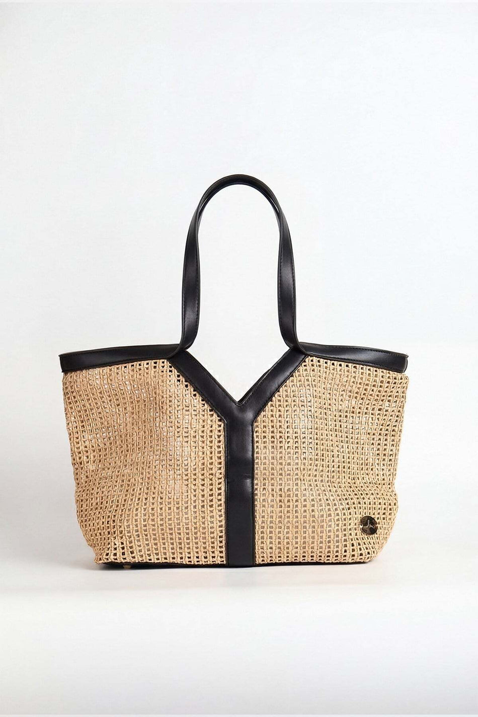 Hasema Beige Unlined Woven Straw Beach Bag and Wallet Set with Black Leather Handles 1300