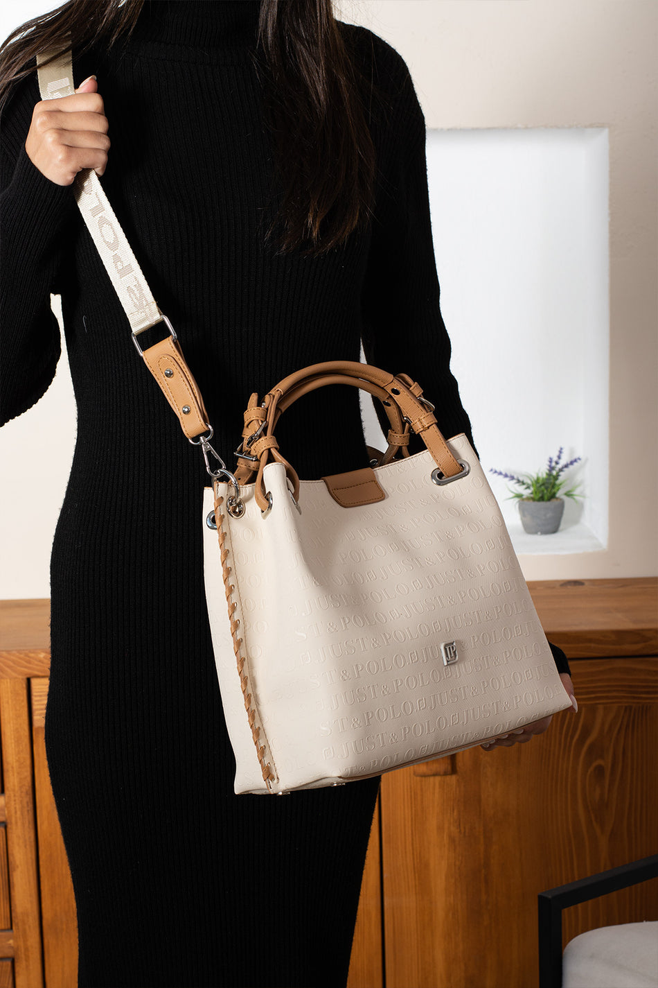 Just Polo Women's Embossed Pattern Magnetic Snap Closure Handbag with Shoulder Strap