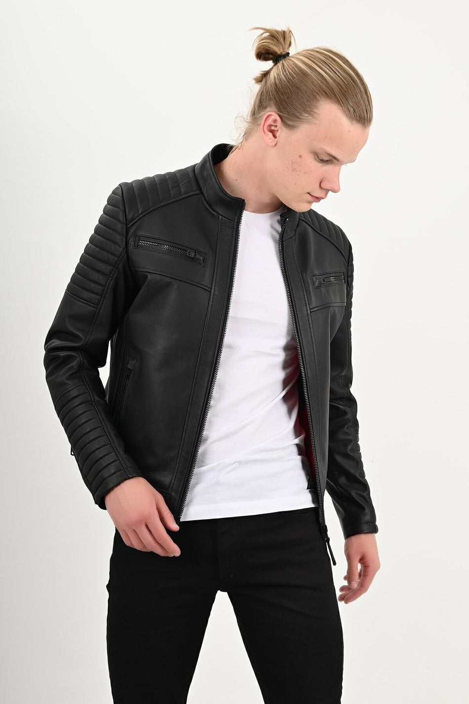 ALIN Sandor Men's Genuine Leather Embossed Stitch Leather Jacket Black