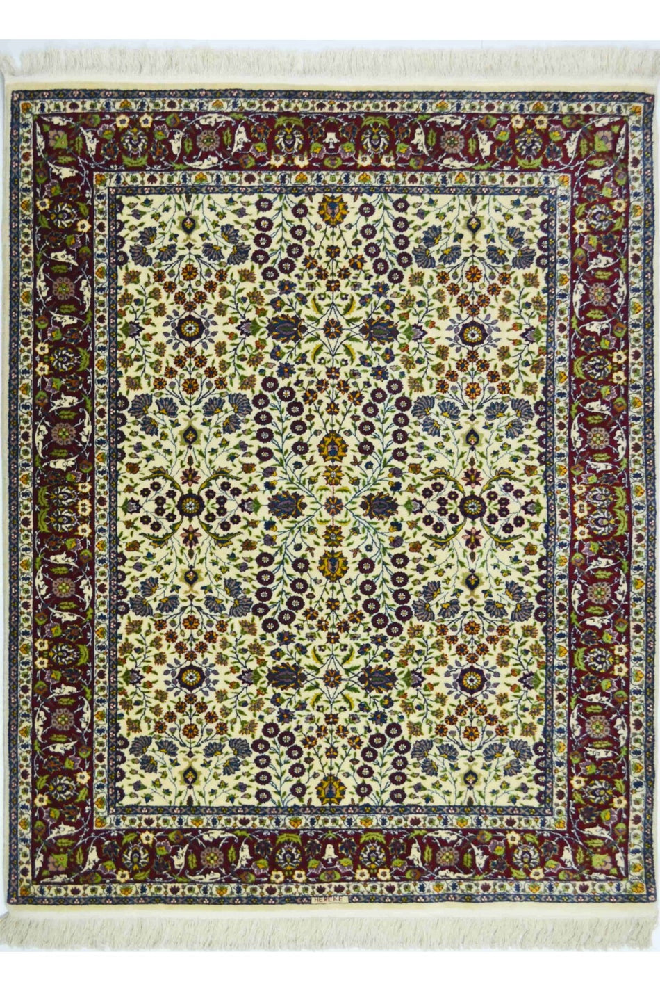 Handmade Seven Mountain Flowers Patterned Cream Colored Handwoven Hereke Rug 145x175 cm (2.54 m²) - MALLTURK