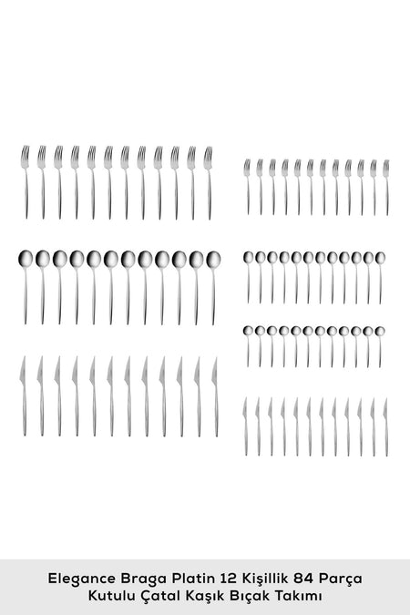Karaca elegance braga platin 12 Place Setting 84 Piece Flatware Set - MALLTURK