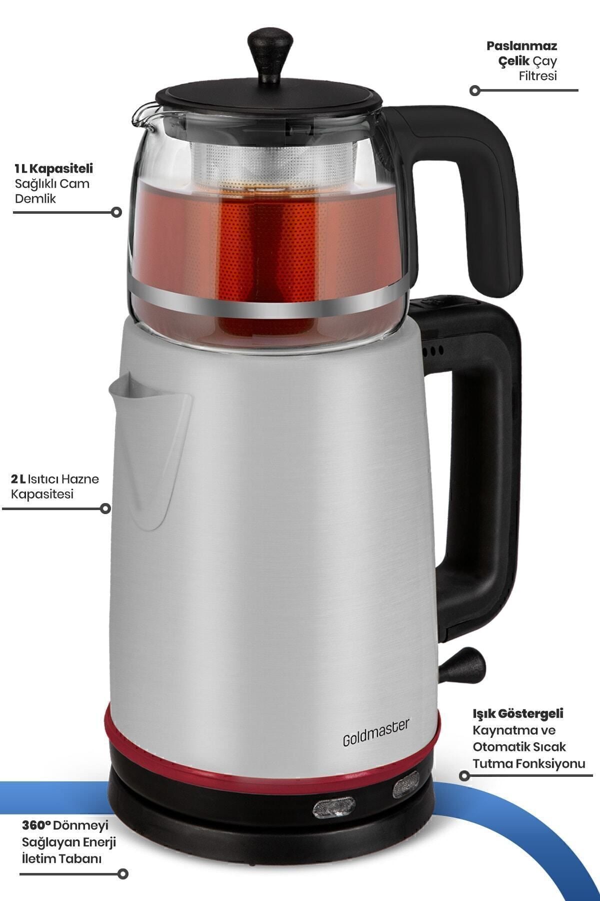 GoldMaster Dem inox 2200 Watt XL Stainless Steel Tea Maker and Water Heater with Stainless Steel Teapot - MALLTURK