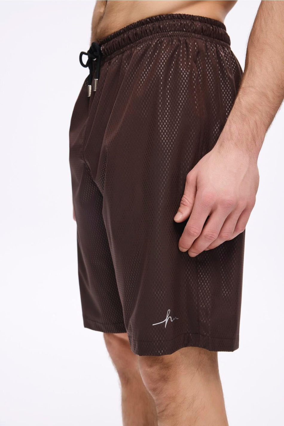 Textured Fabric Men's Short Pool and Beach Shorts Brown 5032