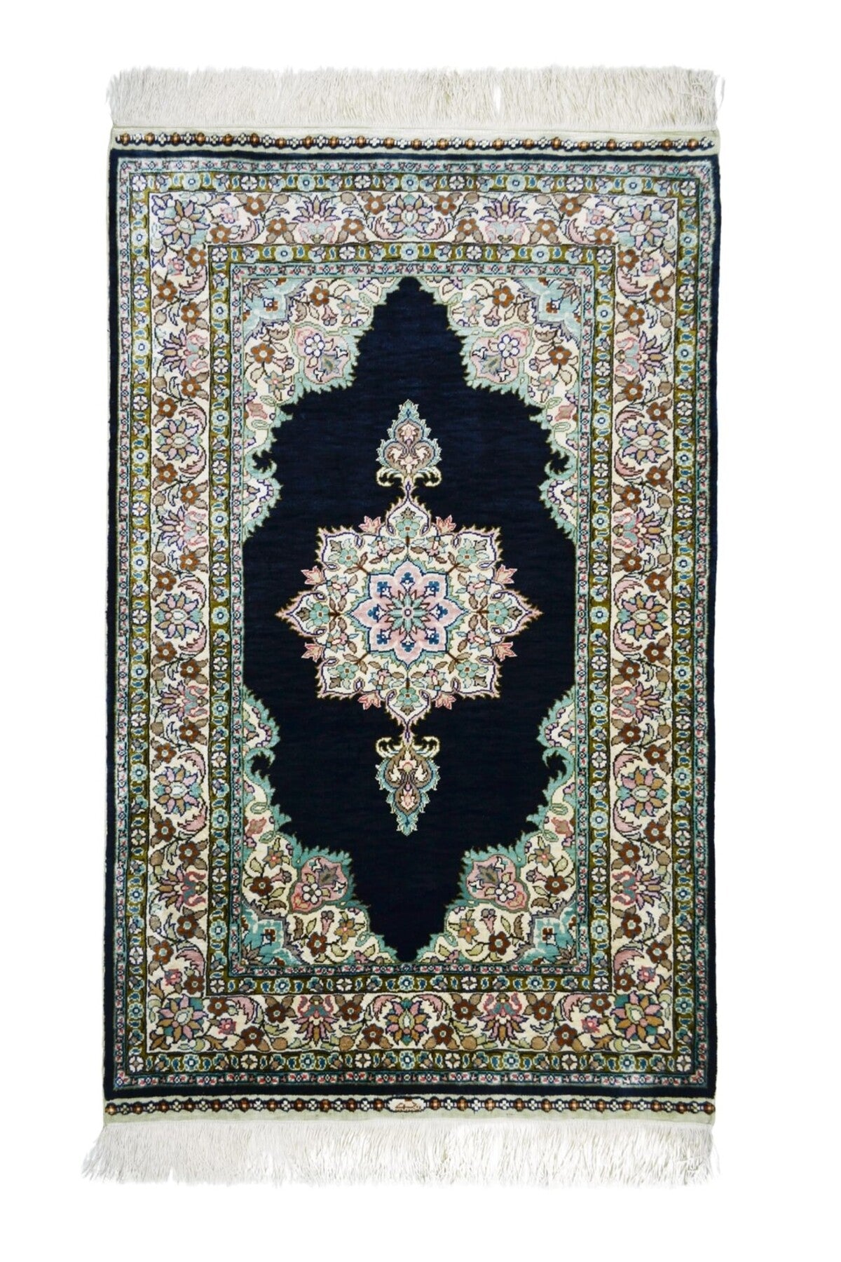 Handmade Pure Silk Hand-Woven Black Color Medallion Design Kayseri Rug 68x104 cm (0.71 m2) - MALLTURK
