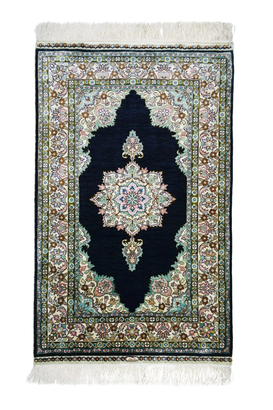 Handmade Pure Silk Hand-Woven Black Color Medallion Design Kayseri Rug 68x104 cm (0.71 m2)