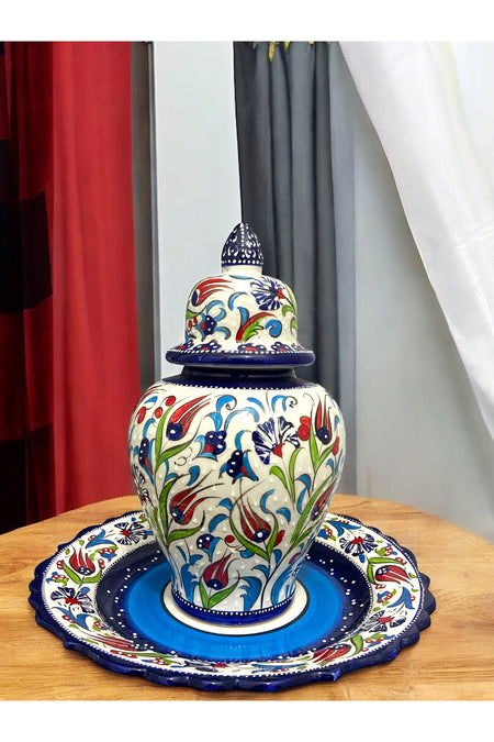 STORESZA Cube Vase and Plate Set - The Gem of Kutahya Tile Art (30 cm Handmade) - MALLTURK