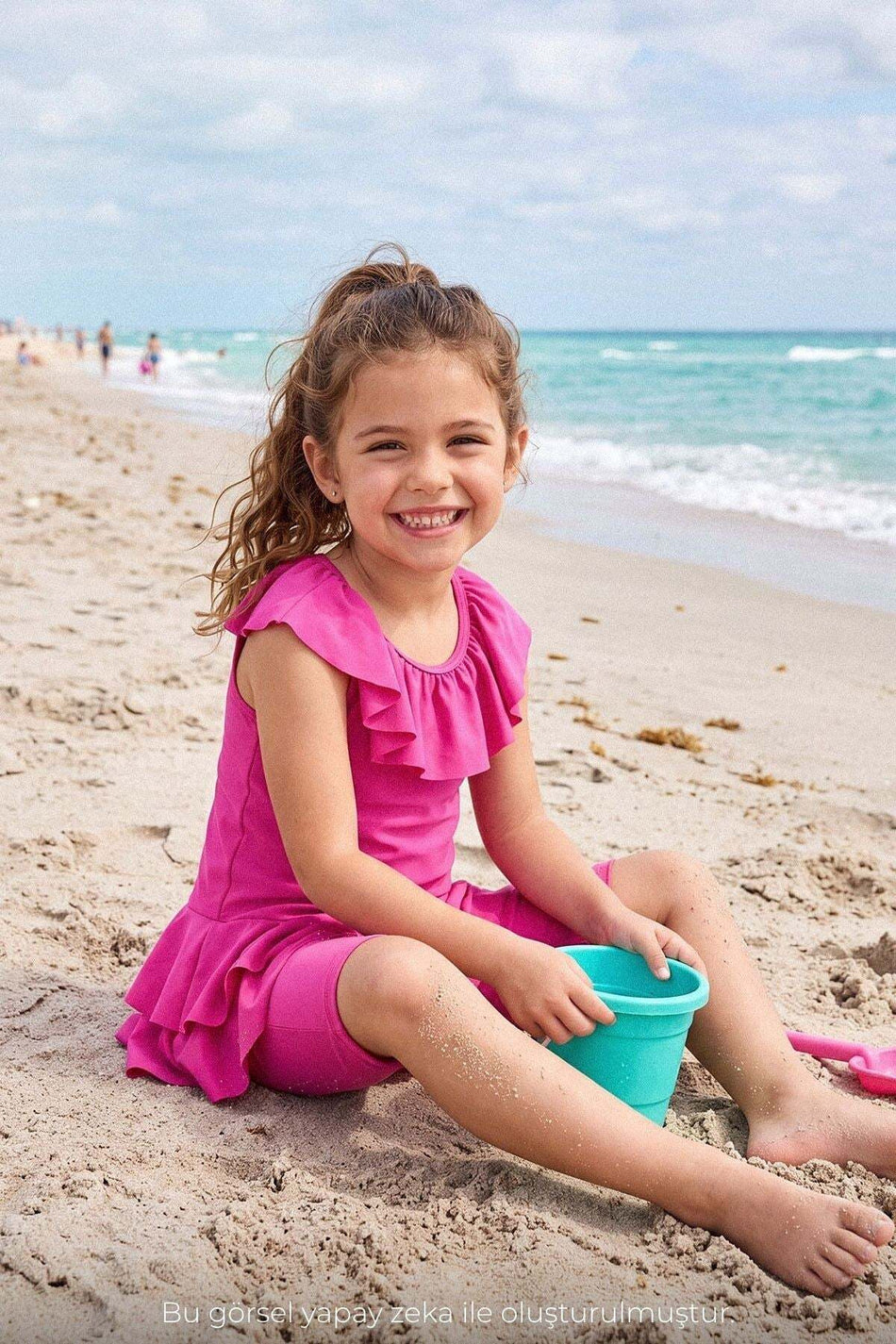 Fuchsia 3-Piece Girls' Swimsuit Set with Detailed Skirt and Collar 7005