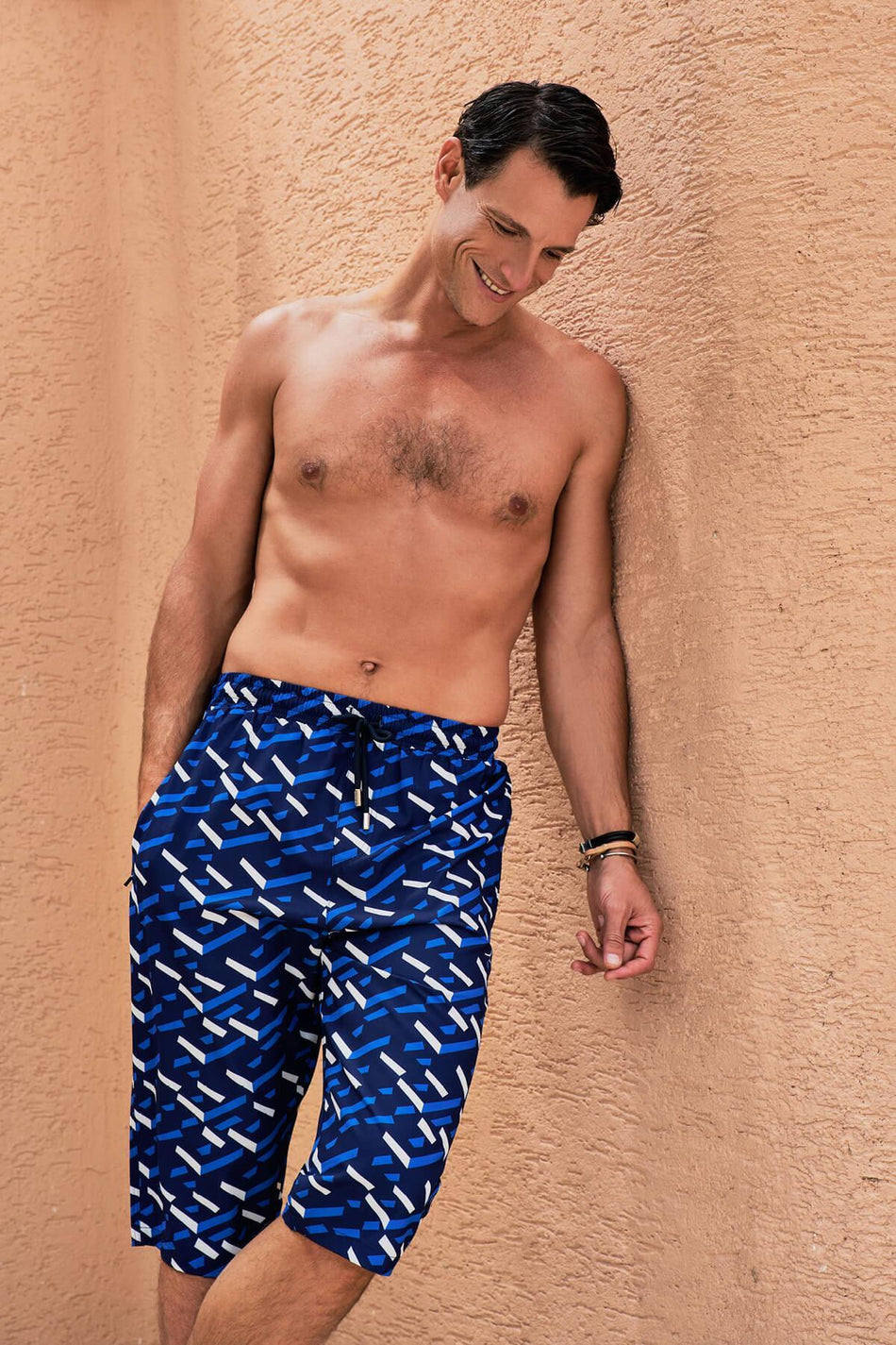 Men's Navy Blue Long Pool and Beach Shorts with Hashema Pattern 2418