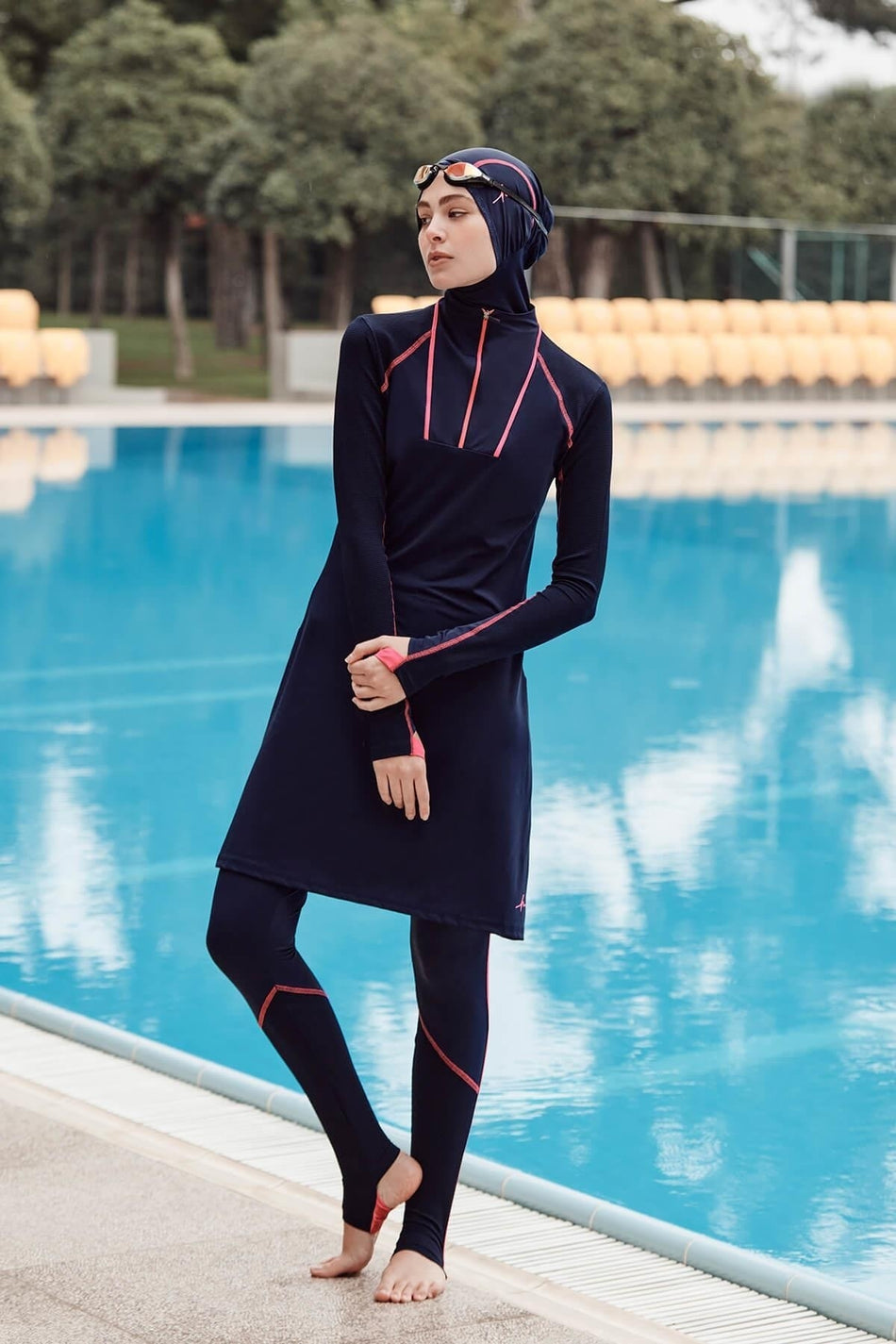 Hasema Performance Series Navy Blue Lycra 4-Piece Modest Swimsuit Set with Foot Strap Detail H-per 30
