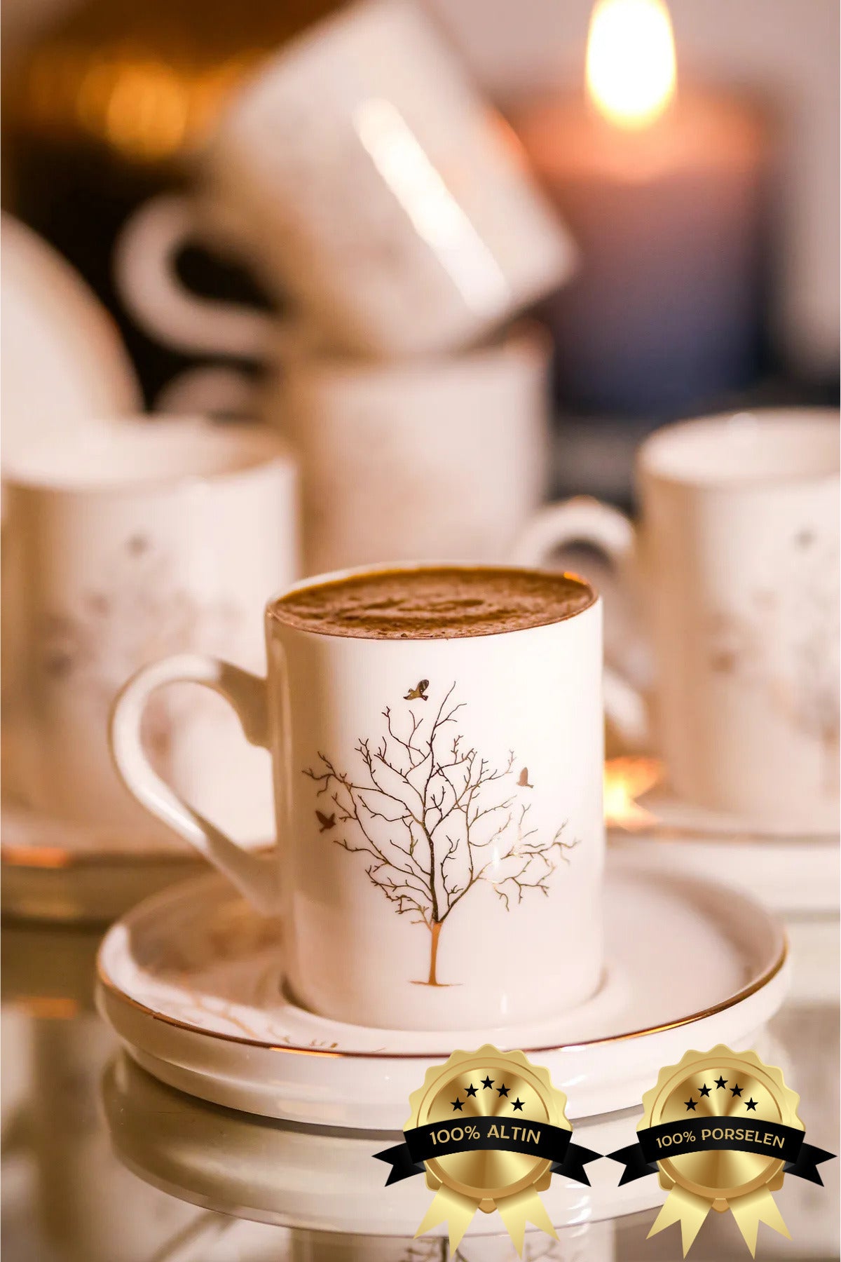 Farika Porselen Tree of Life 12-Piece 6-Person Gold-Plated Porcelain Coffee Cup Set - MALLTURK