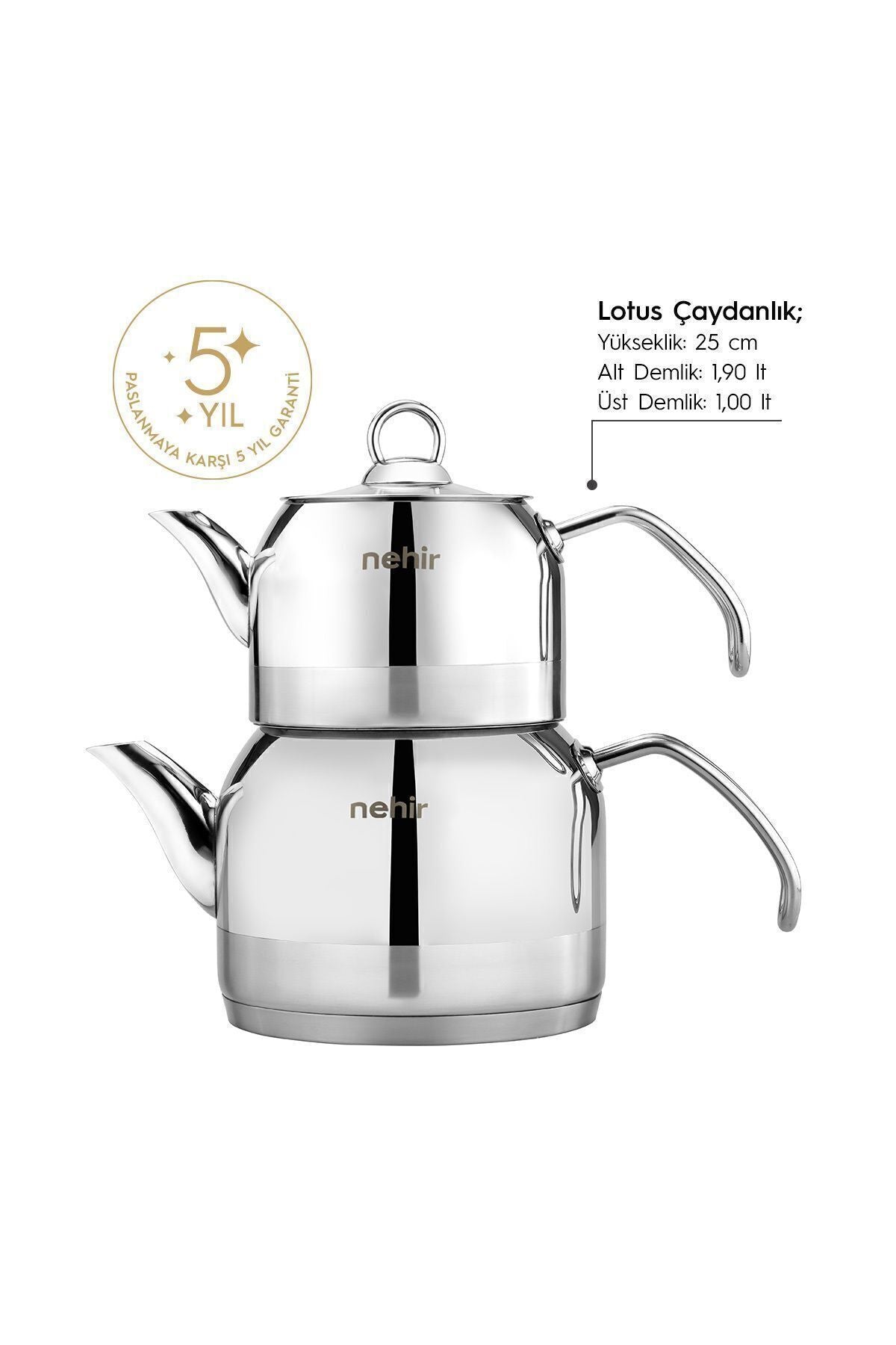 Nehir Lotus Midi Medium Size Stainless Steel 1.0-1.9 Lt. Teapot Set - MALLTURK