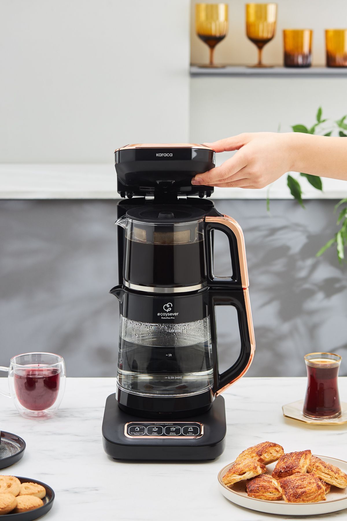 Karaca Robotea Pro 4 in 1 Talking Glass Tea Maker Black Copper - MALLTURK