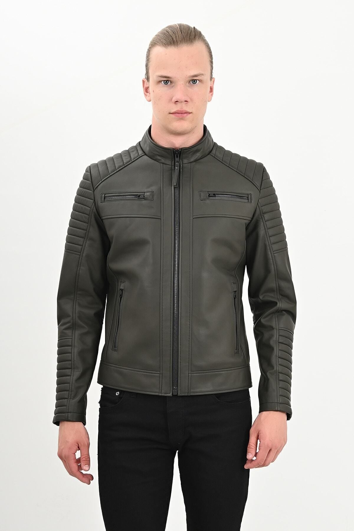 ALIN Sandor Men's Genuine Leather Embossed Stitch Leather Jacket Green - MALLTURK