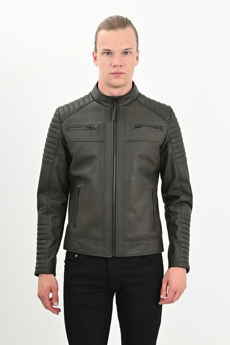 ALIN Sandor Men's Genuine Leather Embossed Stitch Leather Jacket Green - MALLTURK