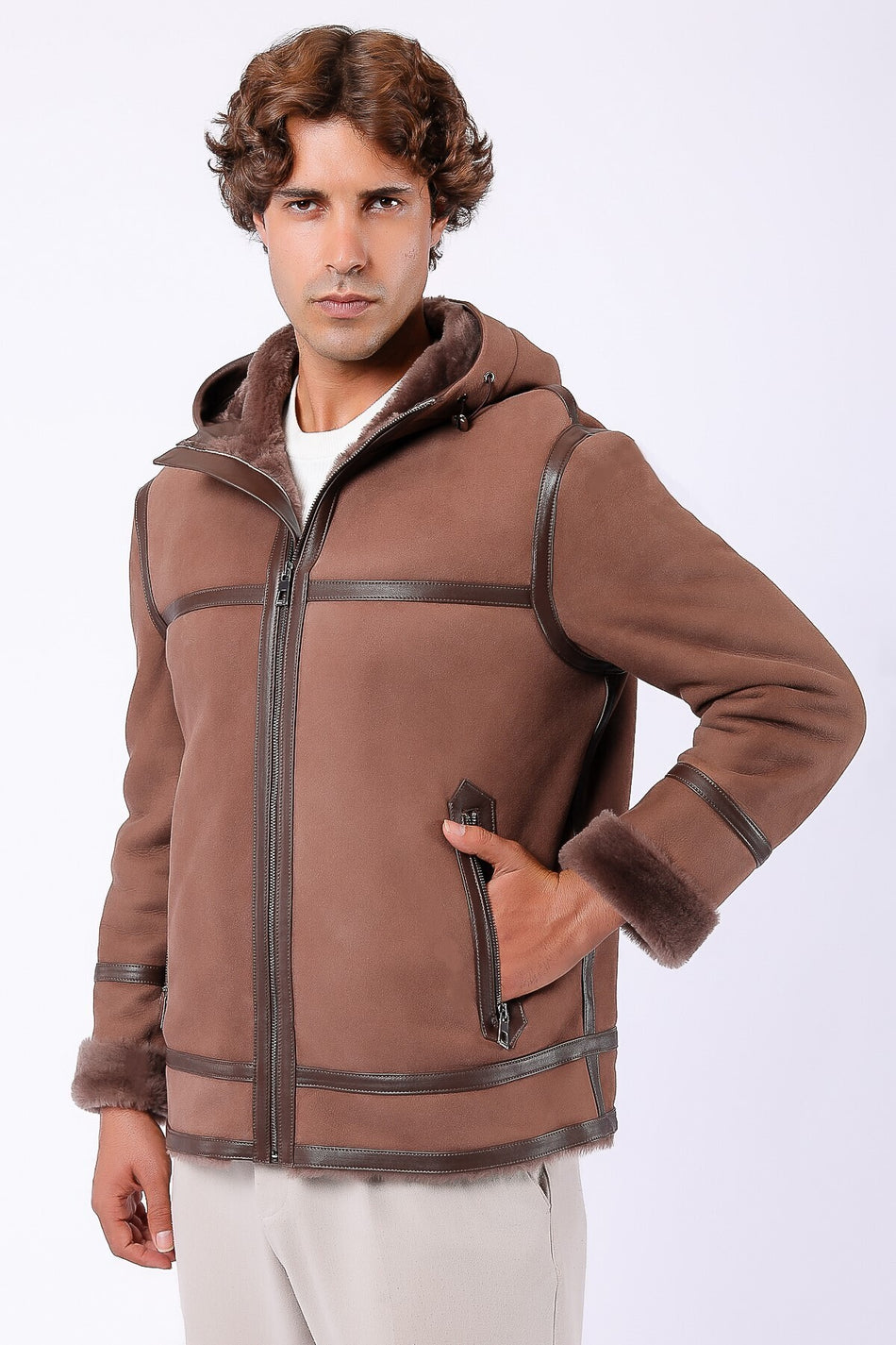 Giacca in vera pelle scamosciata Leather Club con fodera in pelliccia beige