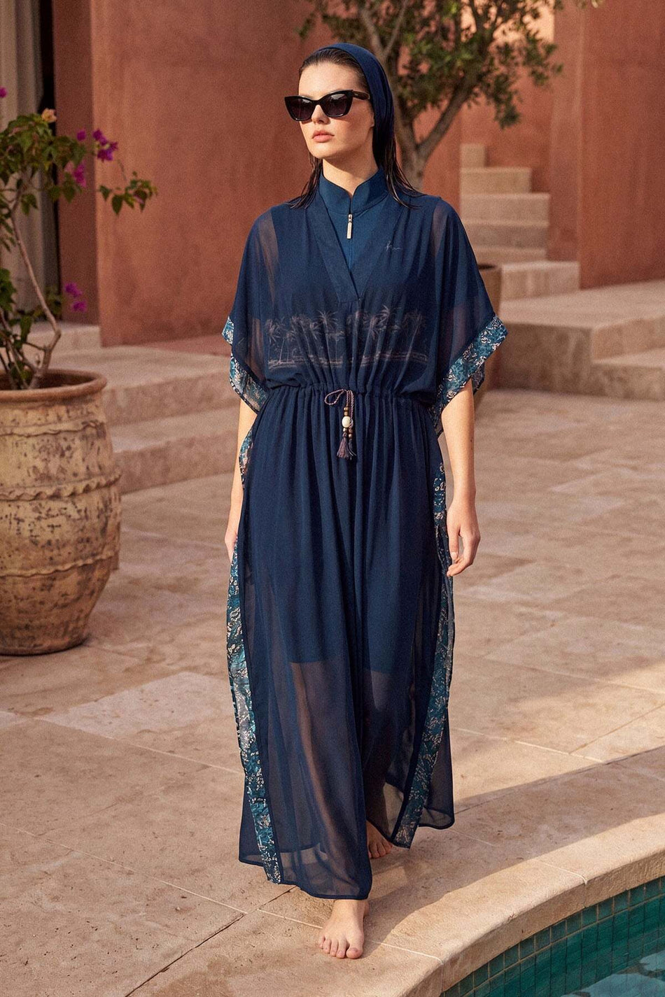 Navy Blue Long Pareo with Tassel Detail, Patterned, 1004