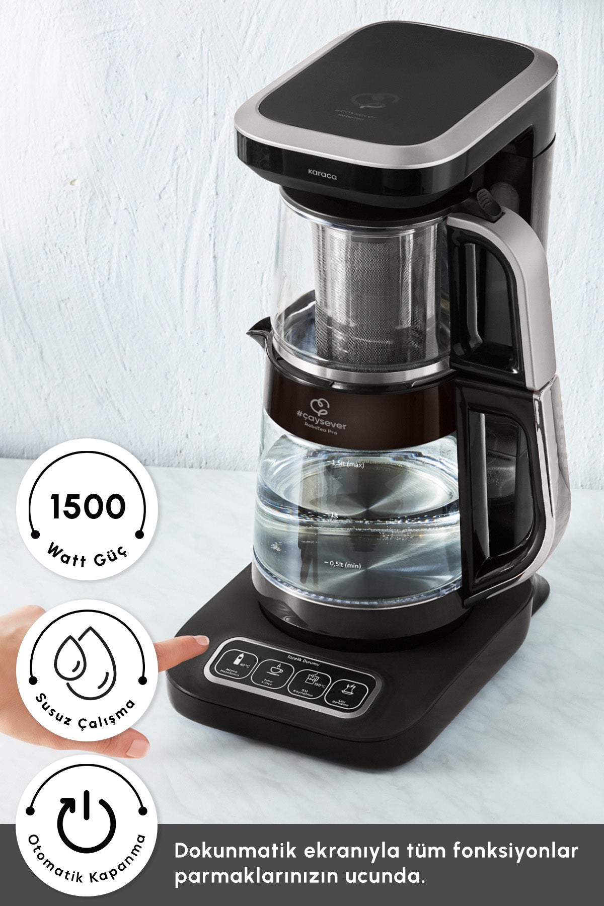 Karaca Tea Lover Robotea Pro Connect 4 in 1 Talking Glass Tea Maker Silver - MALLTURK