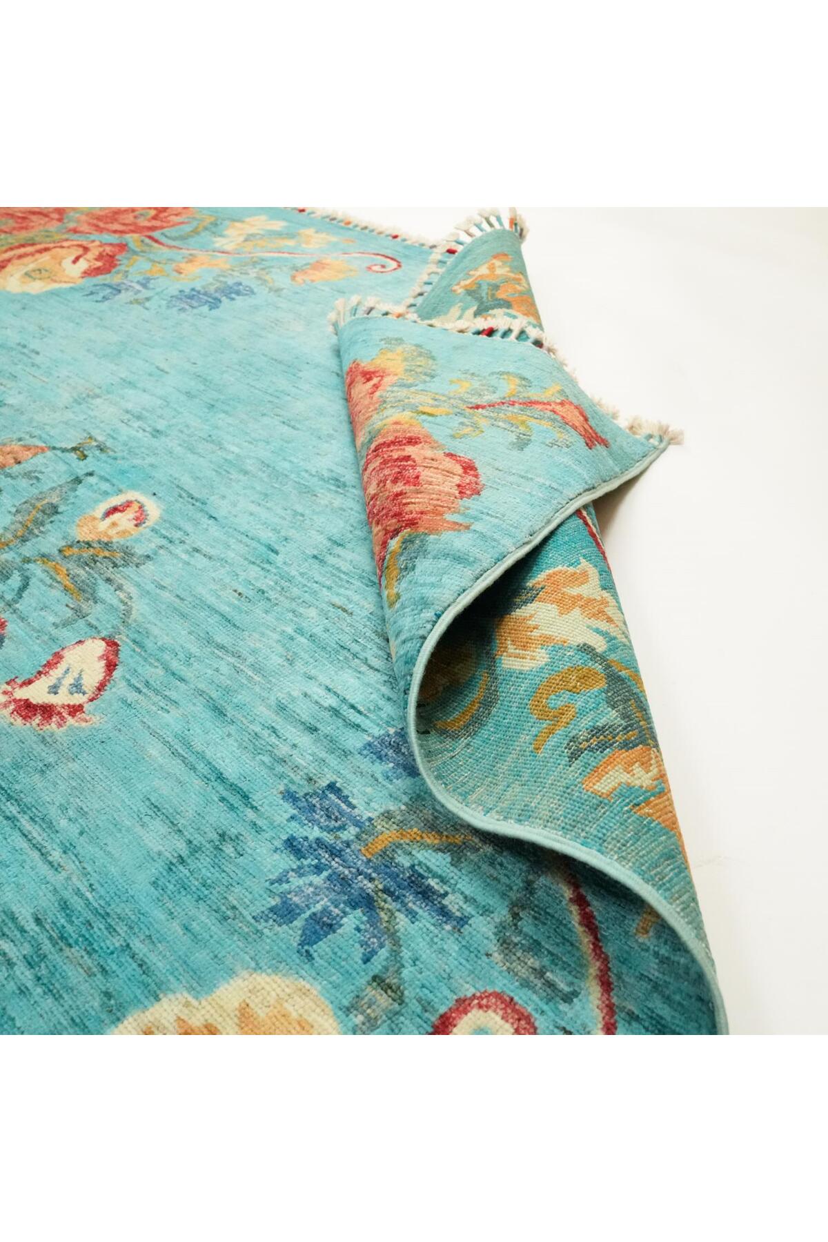 Halicizade Hand-Woven Karabag Pattern Blue Wool Rug - MALLTURK
