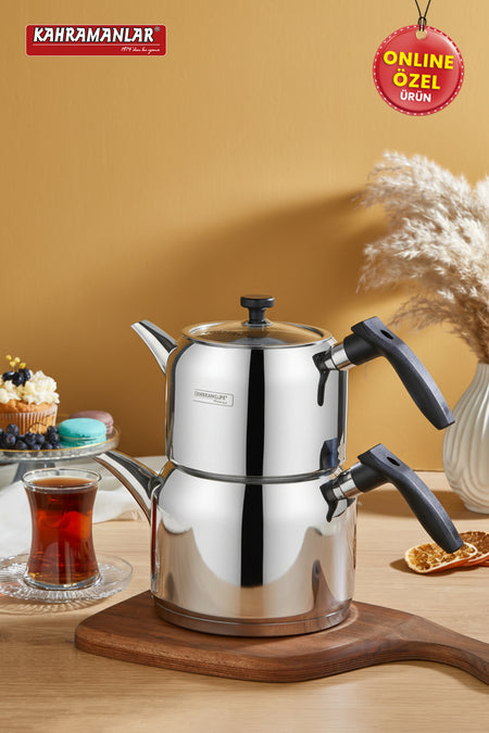 Kahramanlar Deluxe Medium Size Black 4-Piece Stainless Steel Teapot Set - MALLTURK