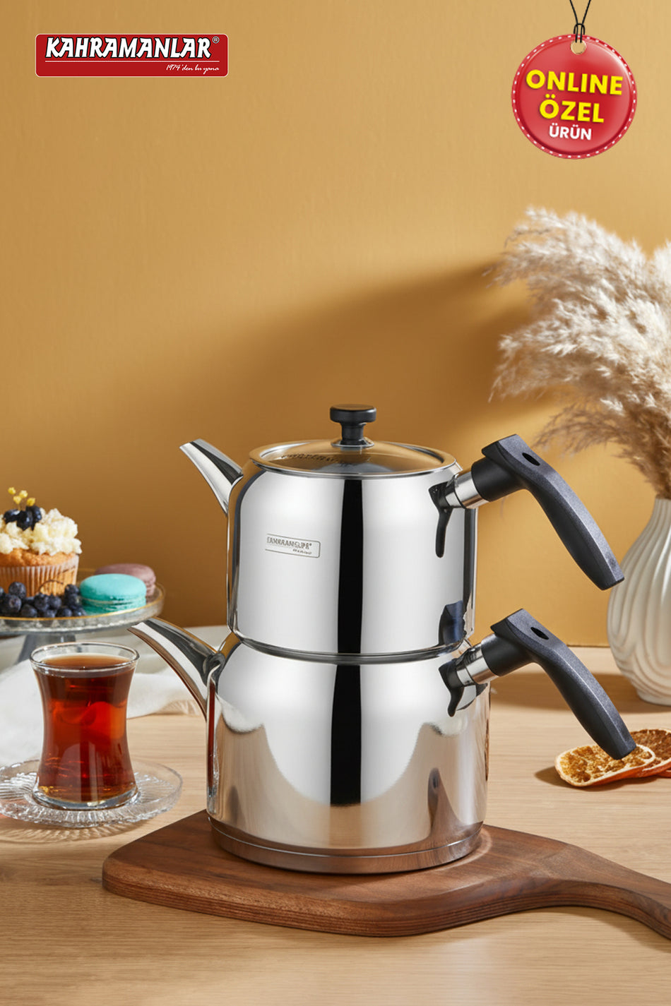Kahramanlar Deluxe Medium Size Black 4-Piece Stainless Steel Teapot Set