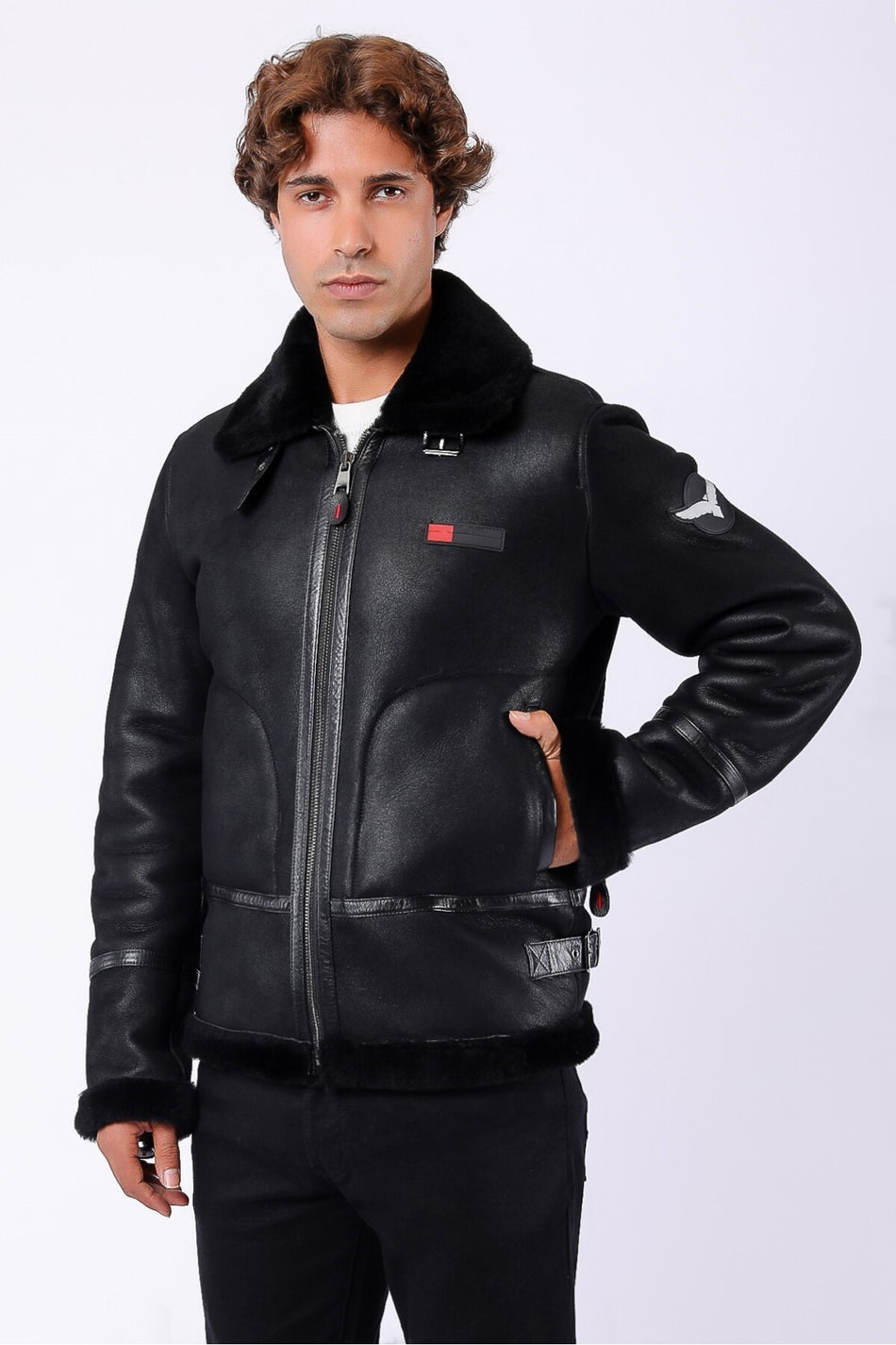 Leather Club zwarte pilotenjas van echt leer met bontvoering