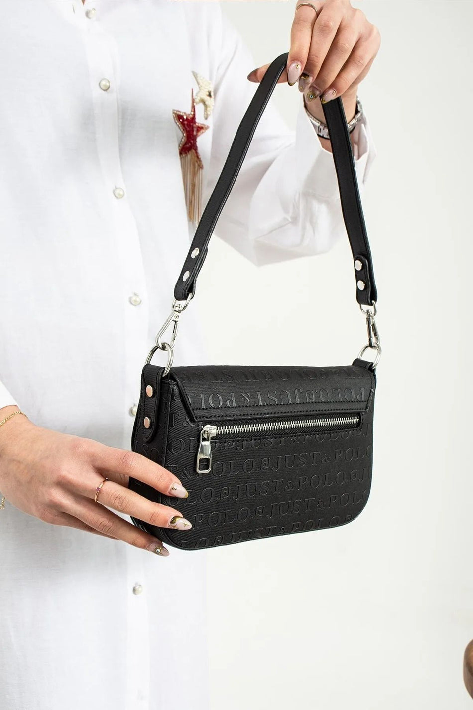 Just Polo Black Women's Hand and Shoulder Bag with Magnetic Closure and Chain Detail - MALLTURK