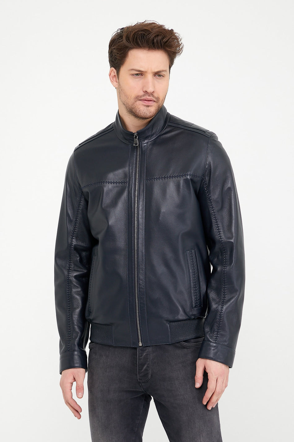 Casaco de cabedal azul-marinho Leather Club