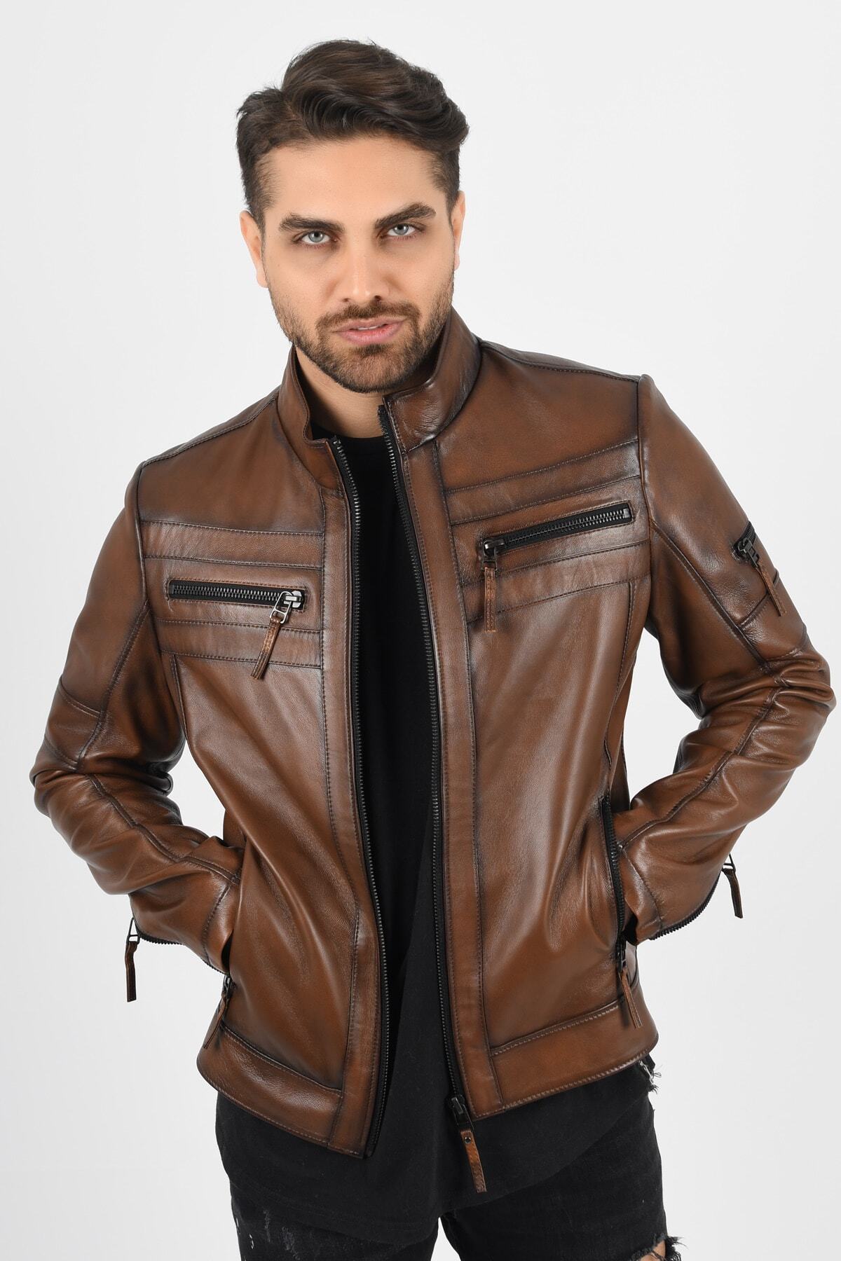 ALIN Men's Shaded Brown Leather Jacket - MALLTURK