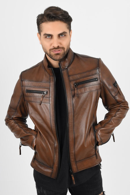 ALIN Men's Shaded Brown Leather Jacket - MALLTURK