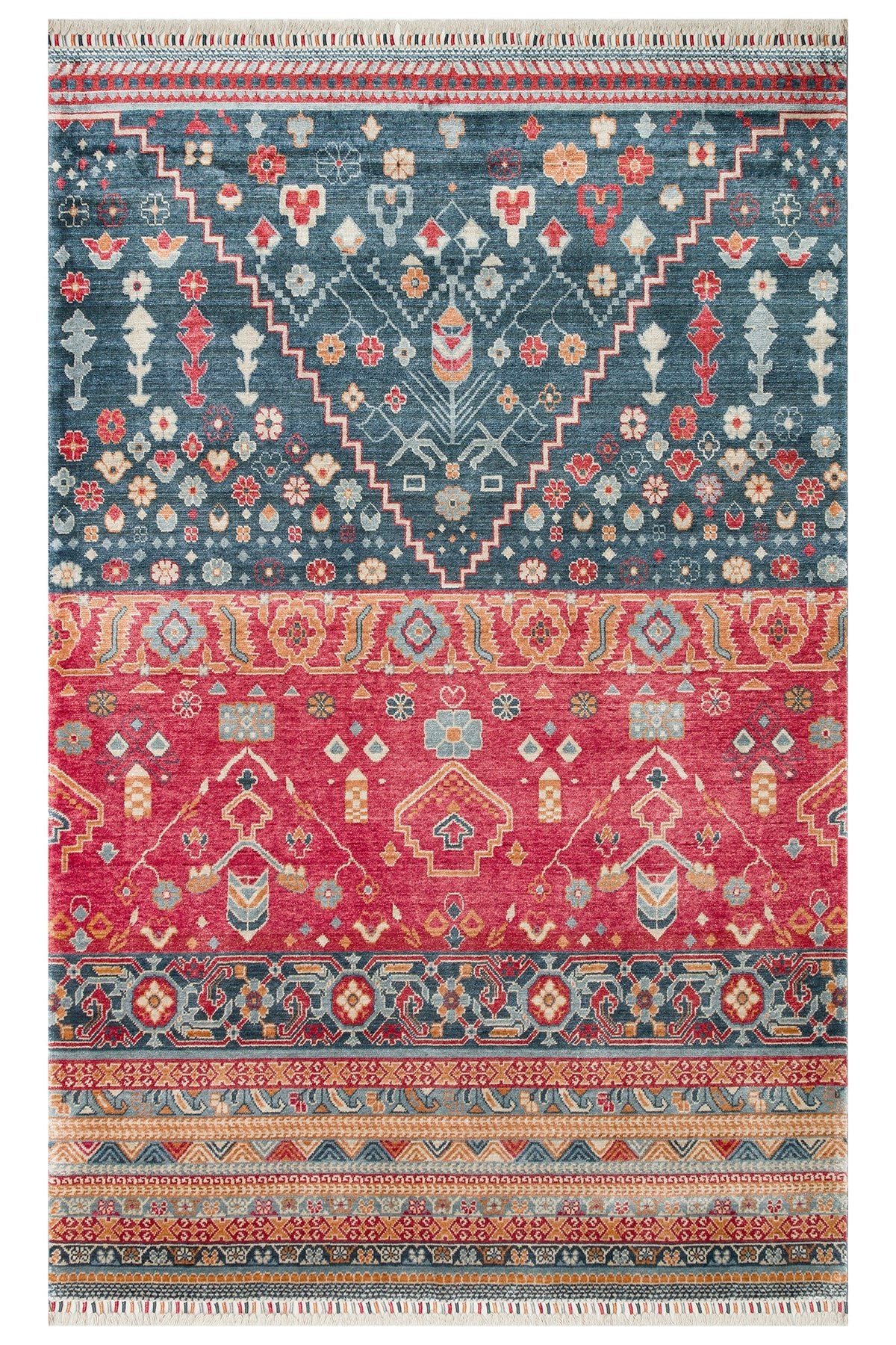 Vog Hali Efsun Handmade Navy Blue Lyocell Special Loom Modern Usak Patterned Fringed Living Room Carpet - MALLTURK