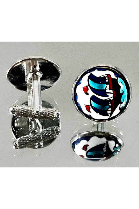 Cini Evi Denizci Ruzgari Galleon Patterned Iznik Tile Cufflinks - MALLTURK