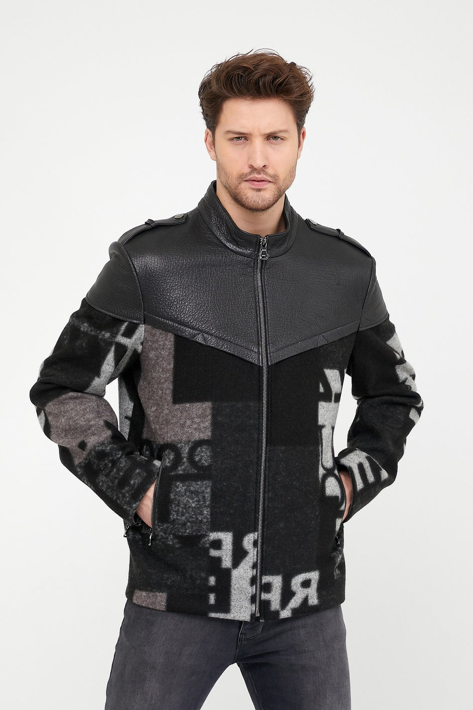 Chaqueta negra de cachemira con detalles de cuero Leather Club