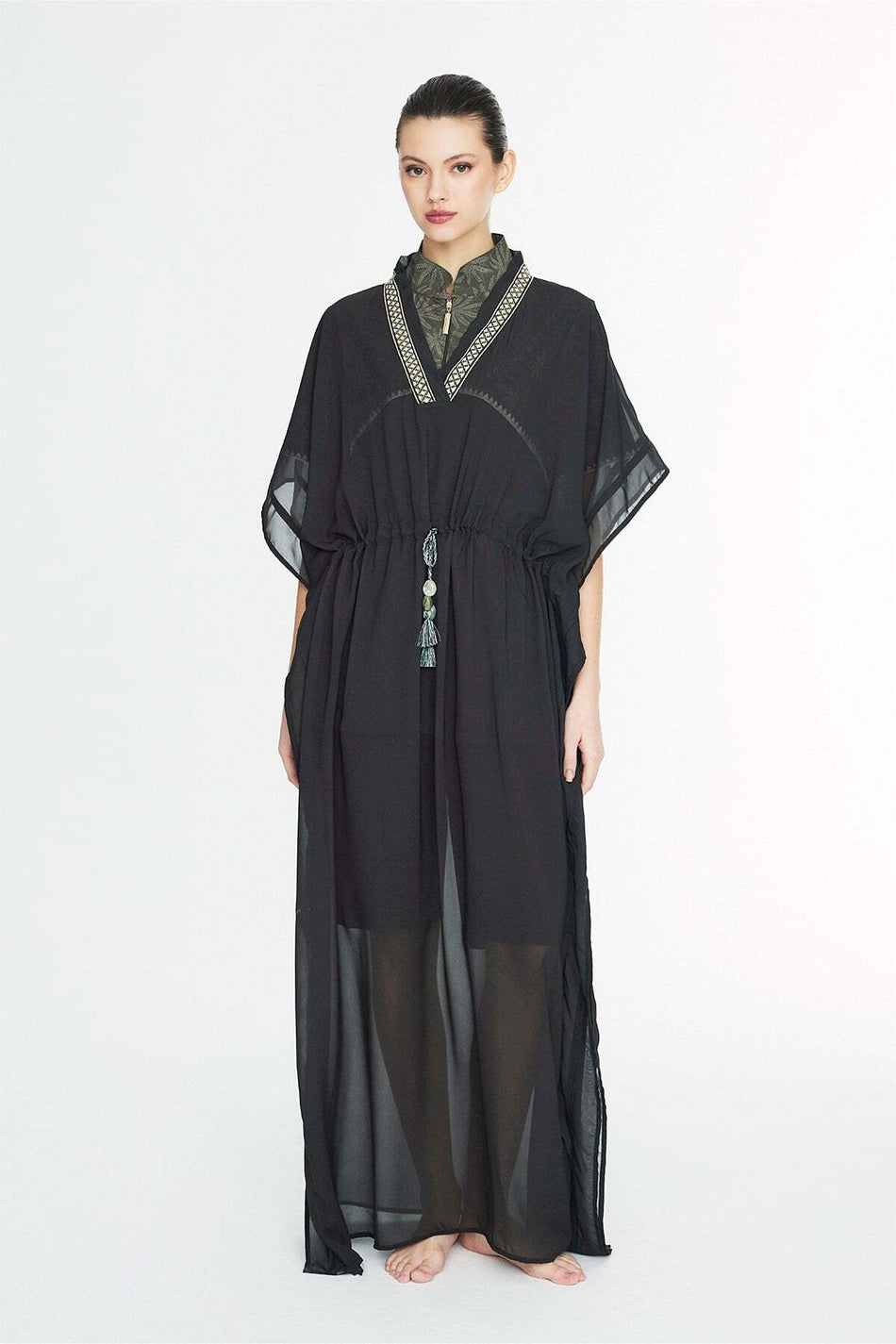 Khaki Long Pareo with Embroidered Collar 1008