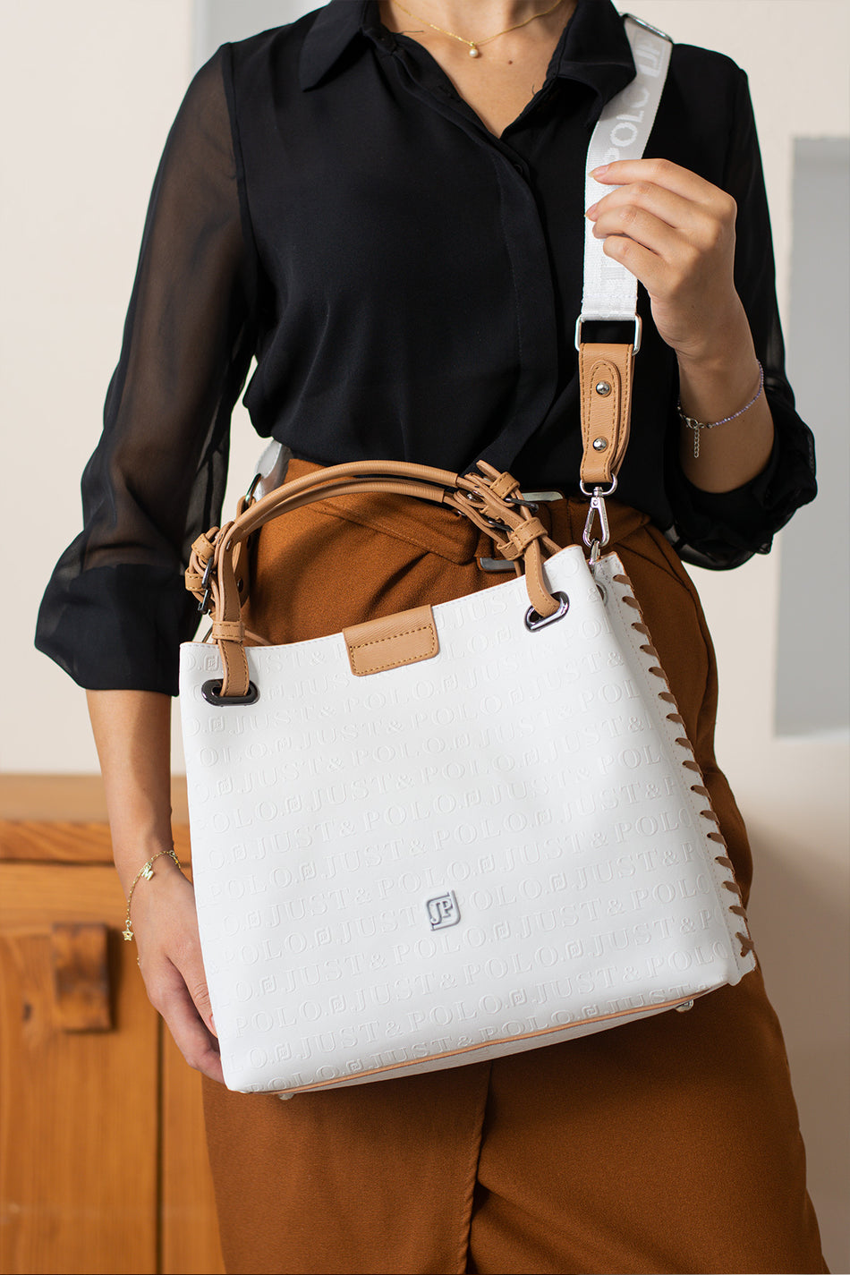 Just Polo White & Tan Women's Embossed Pattern Magnetic Snap Closure Handbag with Shoulder Strap