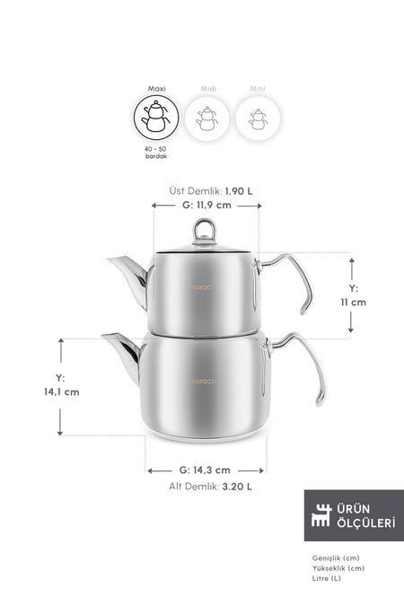 Karaca Hane Maxi Size Stainless Steel induction Compatible Teapot Set XL - MALLTURK