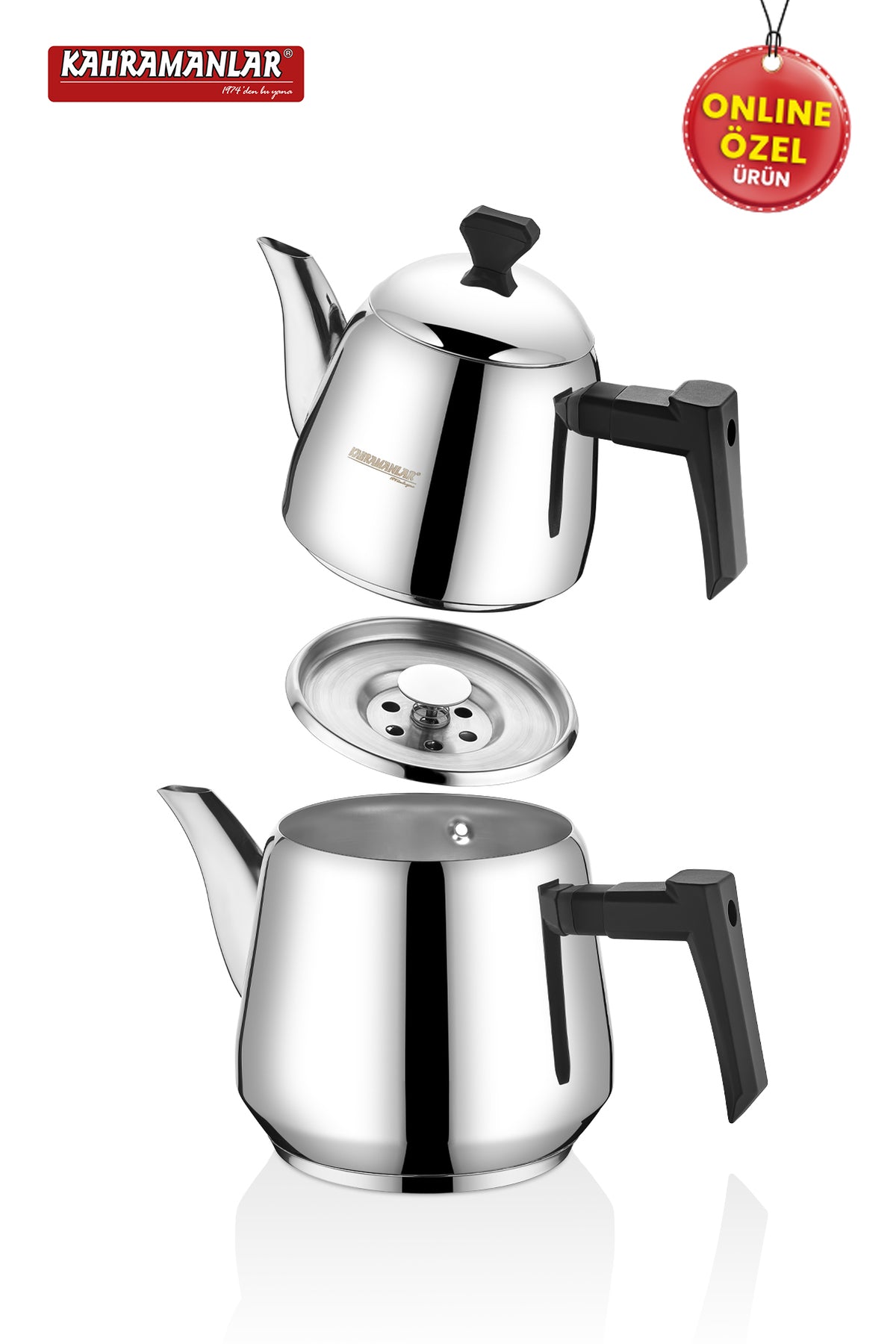 Kahramanlar Milano Medium Size Teapot Set, Stainless Steel, with Steam Lid, Black - MALLTURK