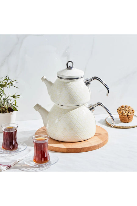 Karaca Crystal Cream induction Base Enamel Midi Teapot Set - MALLTURK