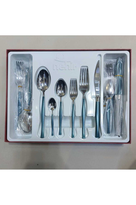 Nehir zarif premium sedef kaplamali 36 Piece renkli 6 Place Setting Fork Spoon Set - MALLTURK