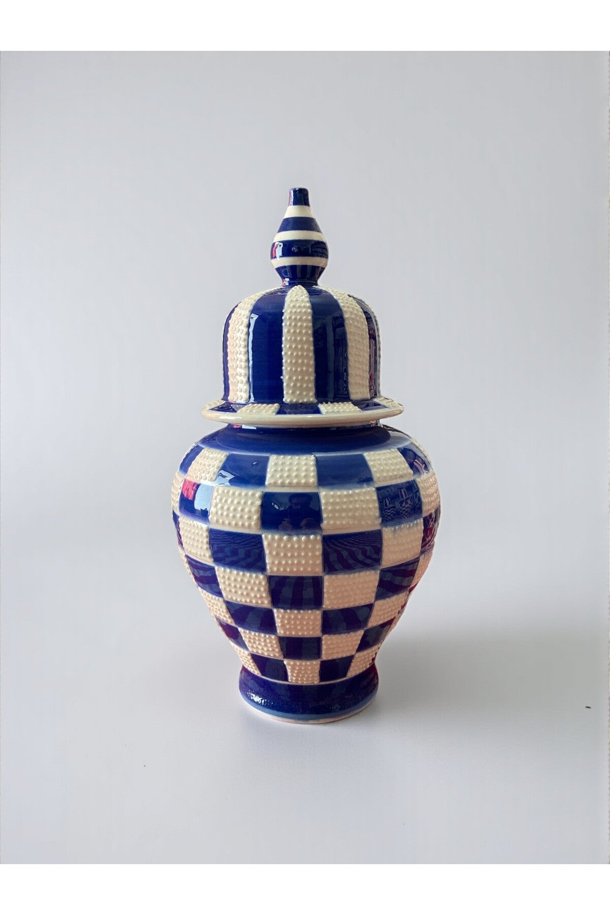 YOOS Handmade Wheelwork 25cm Kutahya Ceramic Checkered Shah Cube Ceramic Vase Dark Blue - MALLTURK